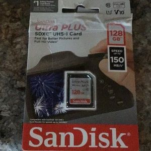 Brand new SanDisk Ultra Plus 128GB SD memory card. Didn’t  work for my camera.